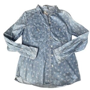 LOFT Softened Shirt Womens Size S Blue Daisy Print Button Up Denim Cotton
